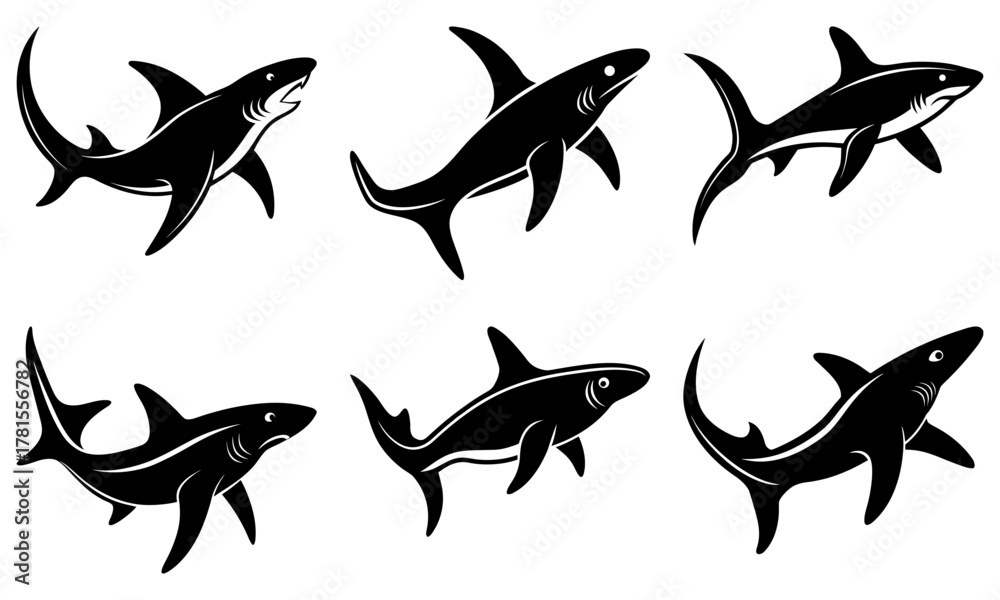 Obraz premium Majestic shark collection in dynamic poses, perfect for marine life designs, educational materials, or ocean-themed projects, originally vector graphics