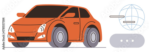 Orange compact car with sleek design paired with globe and digital interface highlights, showcasing technology and global connectivity. Ideal for transportation, innovation, technology, mobile