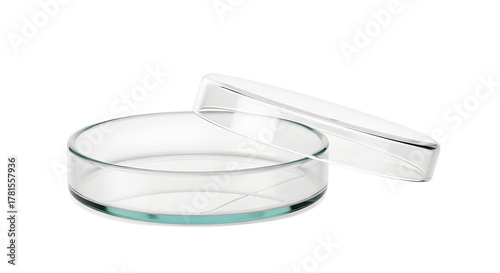 Empty clear glass laboratory Petri dish with cover isolated on white background
