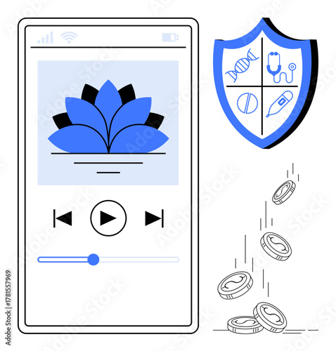 Smartphone displaying meditation app, shield symbolizing health services, and coins illustrating financial investment. Ideal for wellness, health, finance, meditation, digital tools, security