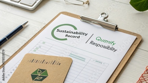 Wallpaper Mural Sustainability record form with clipboard, pen, glasses, and eco-friendly notebook on a wooden desk for environmental awareness Torontodigital.ca