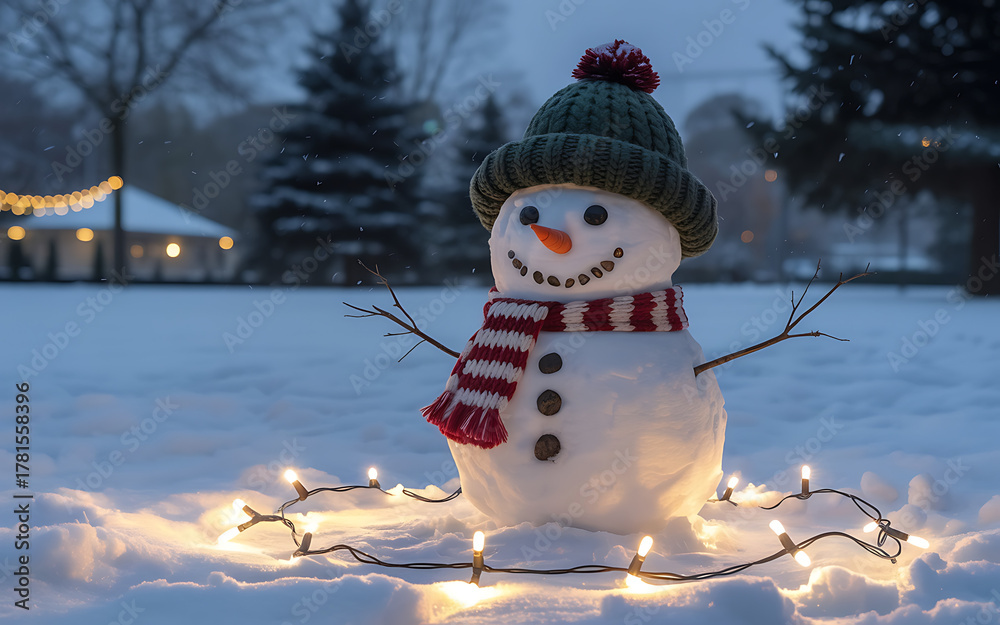 Obraz premium Festive snowman in snowy landscape with warm glowing string lights.