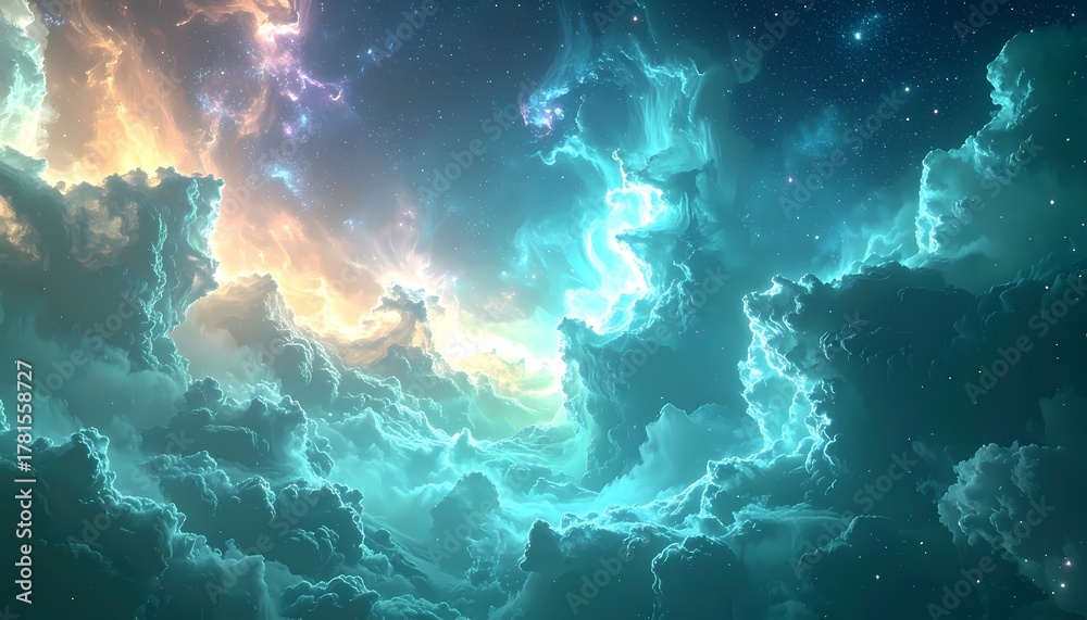 Fototapeta premium Vibrant Ethereal Cloudscape with Glowing Light and Mystical Atmosphere.