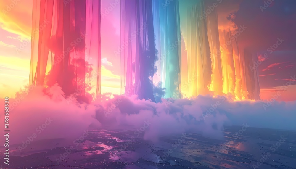 Obraz premium Vibrant Rainbow Light Beams Illuminating Dreamy Cloudscape at Sunset.