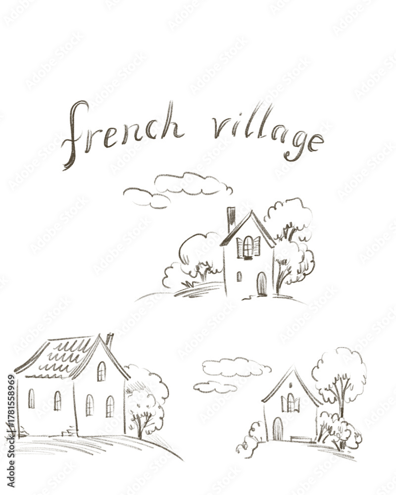 Fototapeta premium French village, beautiful rural style, traditional houses, sketch on white background