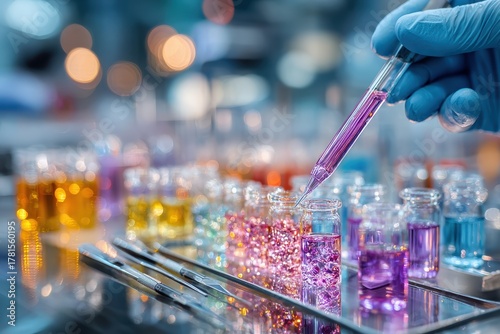 Close-Up of a Scientist's Hand Using a Dropper to Add Colorful Liquid to Test Tubes in a Modern Laboratory Setting with Bokeh Background