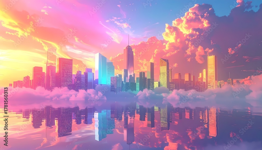 Fototapeta premium Vibrant Dream Cityscape Reflected in Water at Sunset with Colorful Clouds.