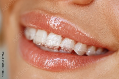 Close-Up of a Smiling Female Mouth with Clear Dental Aligners and Glossy Lips, Highlighting Oral Hygiene and Aesthetic Dental Care Treatments for a Beautiful Smile