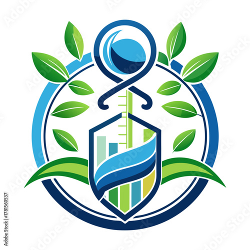 Abstract scientific logo with a circular frame, dna strand motif, and bar graph elements, representing progress, data analysis, and life sciences research