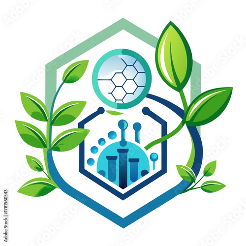 Modern biotechnology logo featuring hexagonal structure, test tubes, and growing leaves, symbolizing scientific research, innovation, and natural integration