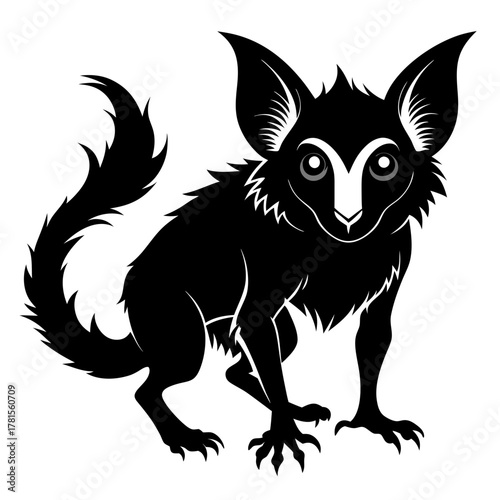 Stylized illustration of a black creature resembling a tarsier or lemur with large eyes and a bushy tail, in a crouched position