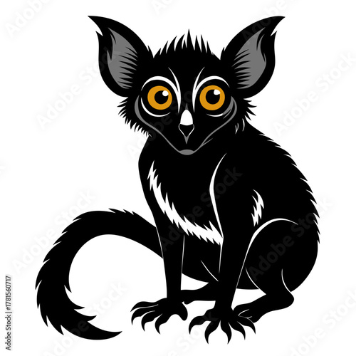 Stylized illustration of a black tarsier with large yellow eyes and big ears, sitting and looking forward