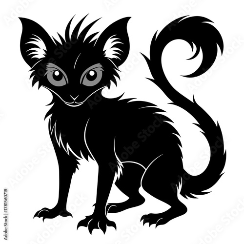 A stylized black cat with large ears and a bushy tail, sitting and looking forward