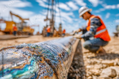 Close-Up of a Worker Inspecting a Pipeline on a Construction Site with Equipment and Machinery in the Background Under a Clear Blue Sky