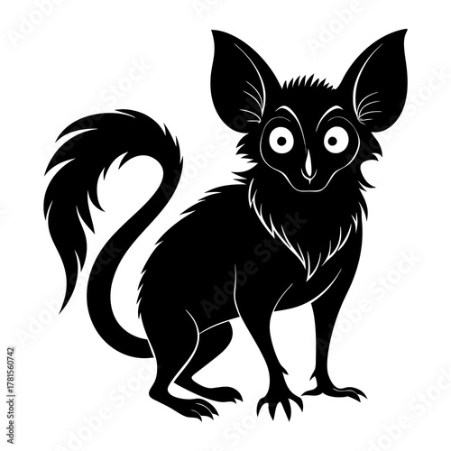 A black silhouette of a mythical creature with large ears and a bushy tail, standing on a
