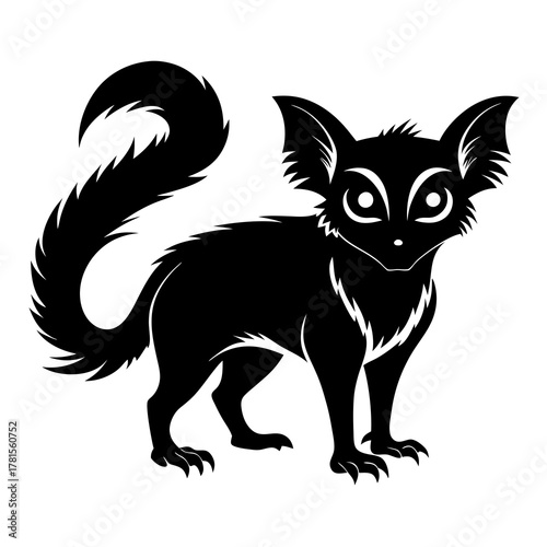 A black silhouette of a mythical creature with large ears and a bushy tail, standing on a