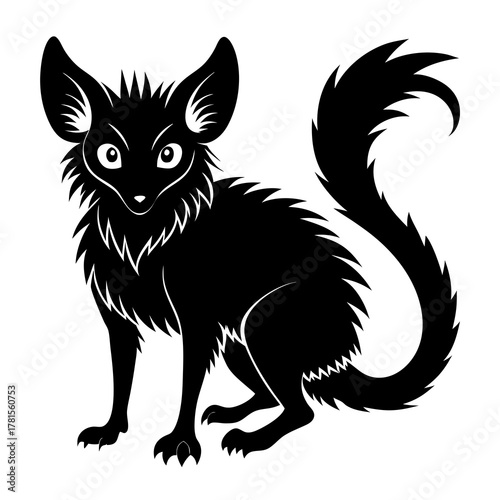 A black silhouette of a mythical creature with large ears and a bushy tail, standing on a