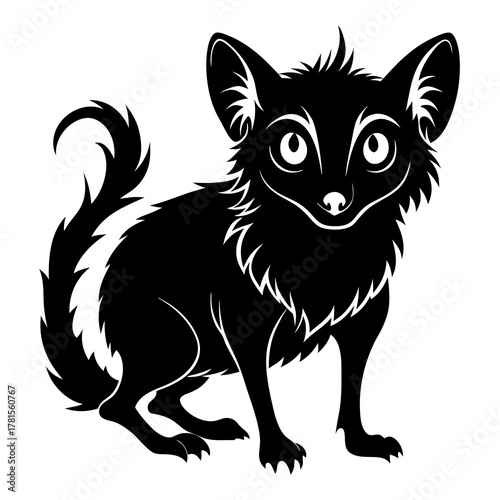 A stylized black silhouette of a cute, fluffy fox with large eyes and a bushy tail, sitting and looking forward