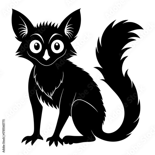 A charming black silhouette of a whimsical fox with big eyes and a curled, bushy tail, sitting attentively