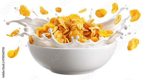 Pouring milk into the white bowl with healthy chocolate granola, breakfast time, splashes