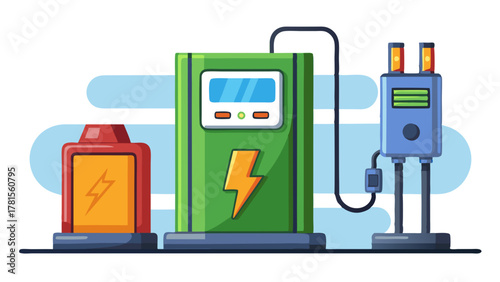 Electric vehicle charging station with multiple charging posts including a green and a blue unit