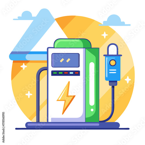 Stylized illustration of an electric car charger with a glowing lightning bolt, symbolizing renewable energy and the future of transportation
