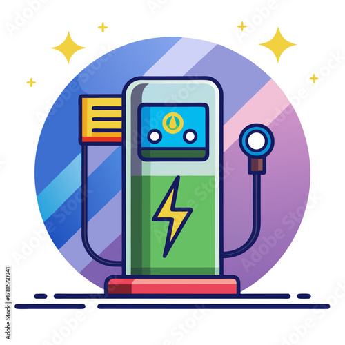 Vibrant illustration of an electric car charging point featuring a prominent lightning bolt symbol, signifying clean energy and advanced automotive technology