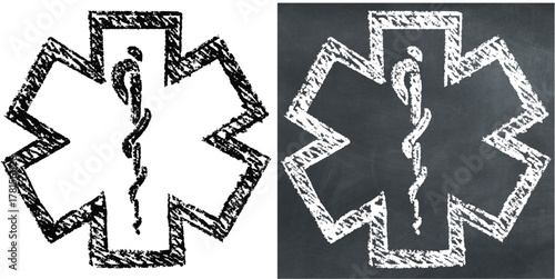 Chalk hand-drawn pharmacy vector. Ideal for medicine, prescription, and drugstore themes. This graphic symbolizes medical commerce and healthcare retail services.