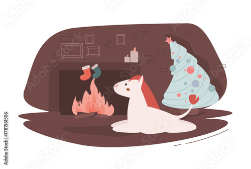 Vector cute little horse lies near a fireplace, big Christmas tree. Waiting for Santa. Flat cartoon holiday illustration. 2026 symbol. New Year's kids card. Decorated holiday room. Cozy winter night