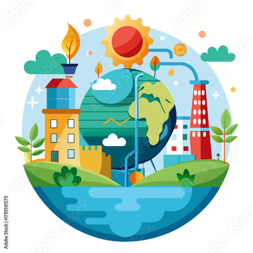 Global energy concept showing the earth with industrial elements, buildings, and a power plant, symbolizing energy production and consumption