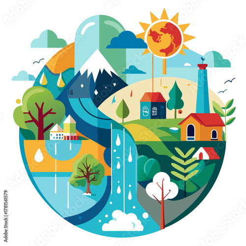 A vibrant illustration depicting the water cycle, showcasing mountains, rain, rivers, and human settlements, symbolizing natures balance and interconnectedness