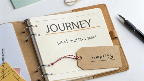 Inspirational journey notebook with the message 'What matters most' and a tag stating 'Simplify' for mindful living and personal growth