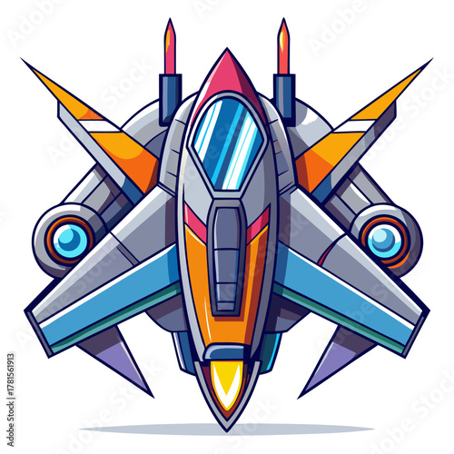 Front view of a stylized, futuristic combat aircraft with multiple wings, engines, and a prominent cockpit, featuring blue, orange, and gray colors