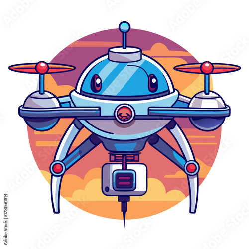 Cute cartoon drone with camera, futuristic robot with propellers and legs, flying machine with blue eyes