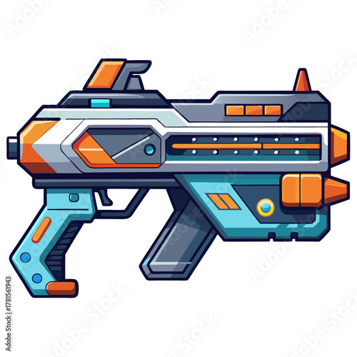 Futuristic scifi weapon, a stylized blaster gun with orange and blue accents