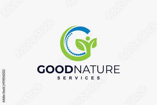 Modern letter G logo with green leaf and human shape symbol representing natural health