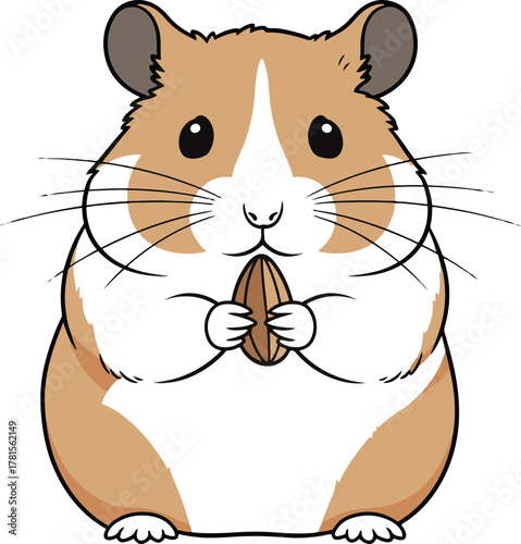 A cute, cartoon-style illustration of a brown and white hamster sitting upright and holding a sunflower seed between its front paws.