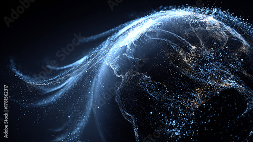 Abstract glowing particles swirling around planet earth at night