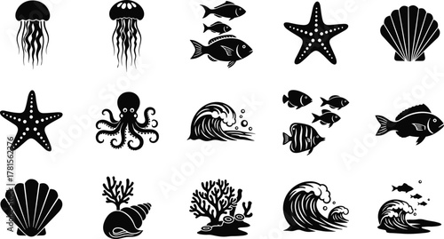 Flat vector illustration of 18 marine life icons including jellyfish, fish, starfish, shell, coral, wave in ocean theme