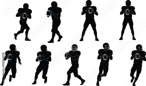 American football quarterback silhouettes, throwing, running, ball handling, black icons, athlete poses, sports action, flat vector illustration