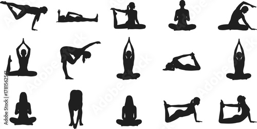 Yoga silhouette pose set, flexibility, balance, strength, meditation, wellness, fitness icons, body posture, black shapes, flat vector illustration