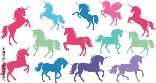 Colorful unicorn silhouette set, fantasy horses, pegasus, magical creatures, rainbow colors, cute poses, whimsical icons, flat vector illustration