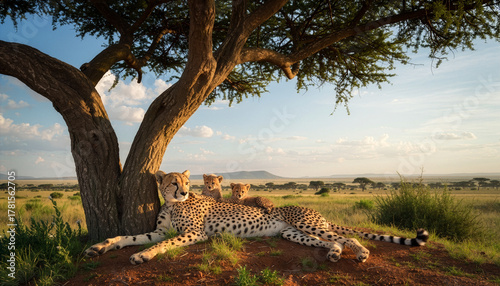 A mother cheetah rests with her cubs under a large tree in the African savanna under a bright, sunny sky