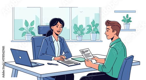 Woman HR manager interviewing a man candidate holding resume in bright office, concept for job recruitment, career opportunity and employee selection