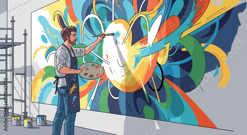 Man painting colorful abstract mural on a large wall, holding a palette, near a scaffolding, concept for artistic expression, creative projects and interior design enhancement