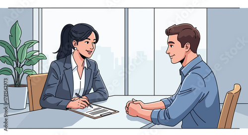 Illustration of a human resources manager interviewing a candidate in modern office, concept for recruitment process, employment review and job application