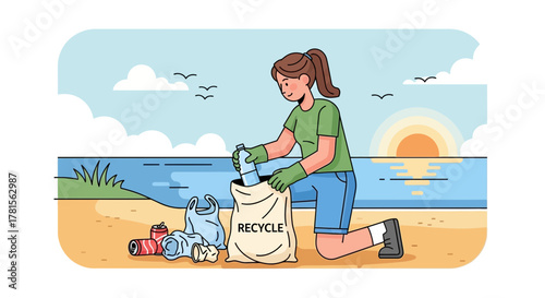 Woman collecting trash into recycle bag on beach with sea view and cans, bottles and plastic, concept for environmental awareness, volunteer cleanup and sustainable lifestyle