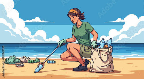 Woman volunteer cleaning up plastic waste on sandy beach with trash picker, concept for environmental protection awareness, community service campaign and coastline preservation