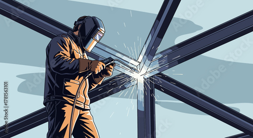 Illustration of a welder using welding torch to connect metal beams with sparks, concept for construction safety, industrial manufacturing and engineering project