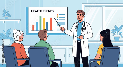 Male doctor presenting health trends chart to patients in clinic setting, concept for medical consultation, patient education and healthcare awareness